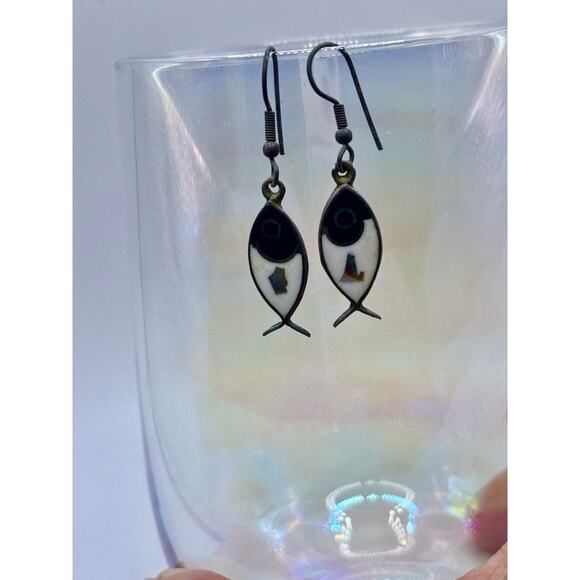 Inlay Fish Dangle Earrings - Enamel and Mother of Pearl - Picture 2 of 5